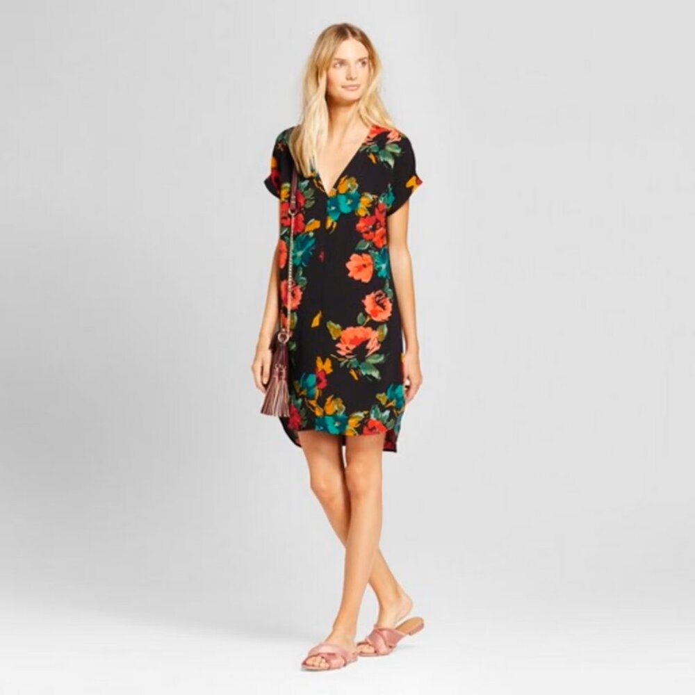 A New Day Black V-Neck Dress with Bright Floral Print, Size M